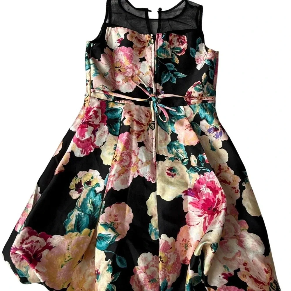 Speechless Kids Floral Bubble Hem Dress Rhinestone Waist Black Pink Size 8